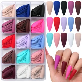 LoveOurHome 300pc Matte Stiletto Press on Nails Long Pointy Colored Fake Nail Tips Full Cover French Artificial Fingernails 15 Colors for Women Teen Grils Manicure Design