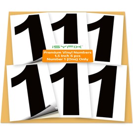 iSYFIX Black Vinyl Number 1 (One) Stickers - 6 Pack 1.5 inch - Premium Decal, White Background, Pre-Spaced for Mailbox, Signs, Window, Door, Cars, Trucks, Home, Business, Address, Indoor & Outdoor
