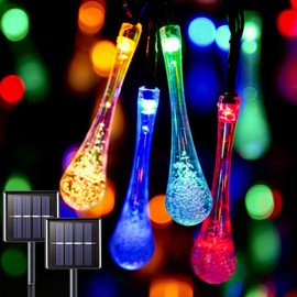 suddus 2 Pack 30 LED Solar String Lights Outdoor Waterproof, Water Drop Solar Lights with 8 Modes, Solar Party Lights Outdoor