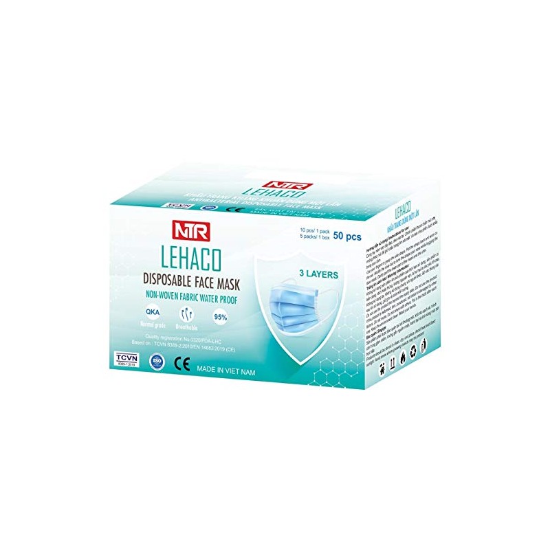 LEHACO 50 Disposable Face Mask 3 Ply Layers with Elastic