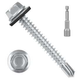#10 x 2 (200 PCS) Metal Roofing Screws with Rubber Washer, Hex Head Metal to Wood Siding Screws, Zinc Plated Sheet Metal Roof Screw, Hex Bit Socket Included