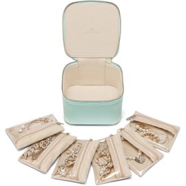 Vlando Small Jewellery Box Organiser, with 6 Velvet Jewelry Zipper Pockets, Storage for Bracelets, Rings,Earrings and Watch, Jewelry Case for Women Girls Valentines Day Gifts for Self Blue