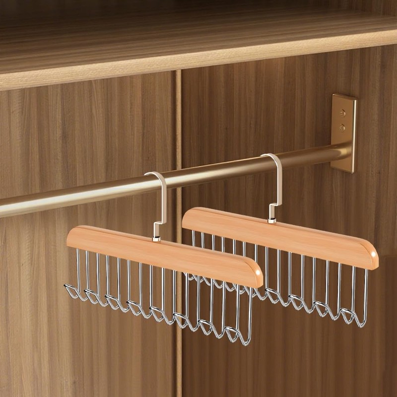 Closet Belt Hanger, 2 Pcs Wooden Sturdy 8-Hook Belt Holder,