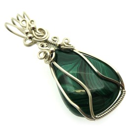 Malachite Gemstone Sterling Silver Wire Wrapped Pendant 03