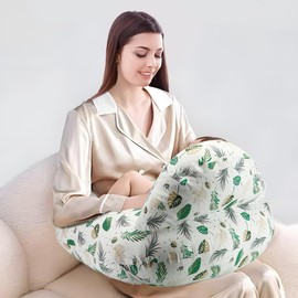 PandaEar Nursing Pillow, Green Leaves，Wider Feeding Pillows for Breastfeeding, with Adjustable Waist Strap & Removable Cotton Cover