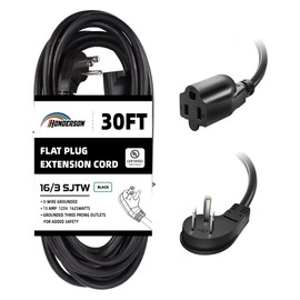 Honderson 30FT Extension Cord -Flat Plug 3 Prong Indoor Extension Cable Black 16 Gauge Heavy Duty Cable for Kitchen Home Appliance,UL Listed