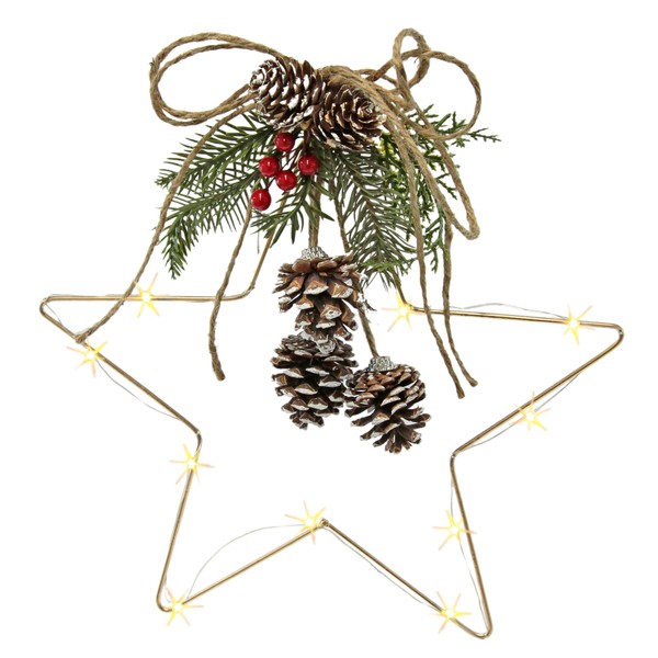 Star with LED Lighting Metal Decorated with Pine Branches Bow Cones Berries for Hanging Luminous Star Christmas Tree Decoration Door Decoration Wall Christmas Decoration 3D Decorative Ornaments