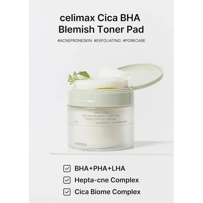 Celimax Ji Woo Gae Cica Bha Blemish Toner Pad Exfoliante