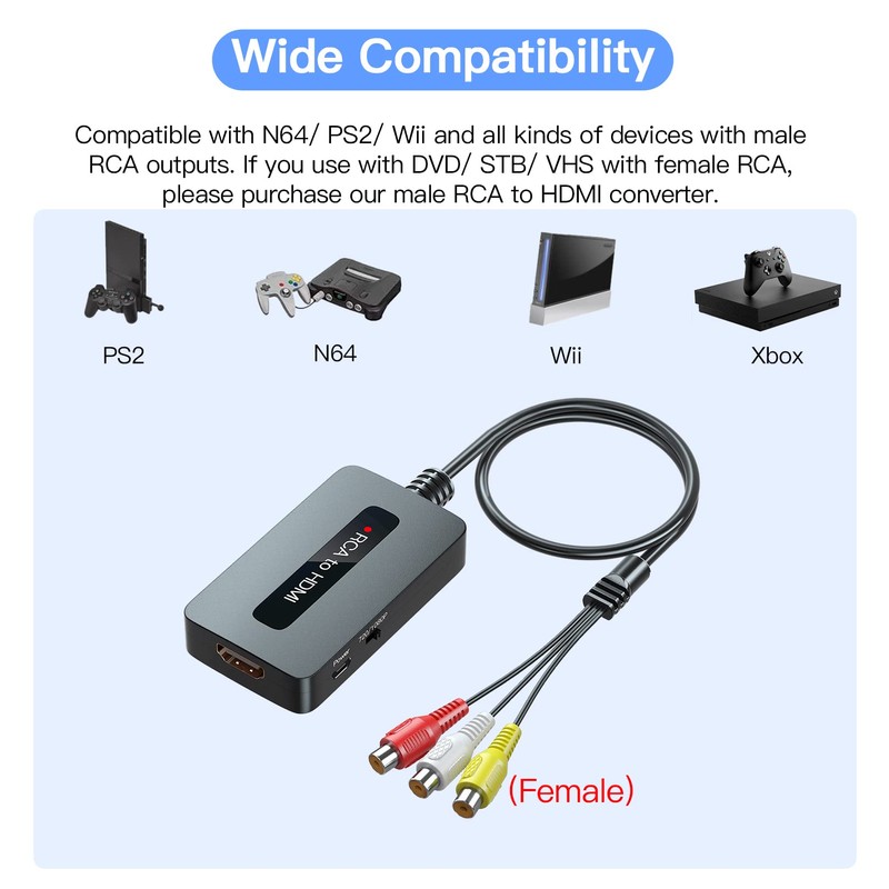 RCA to HDMI Converter, Female AV to HDMI Converter, Compatible