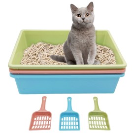 kathson 3 Pcs Open Cat Litter Box with Scoops Plastic Kitty Litter Pan Medium Cat Litter Tray Durable Nonstick Cat Toilet for Kitty Puppy Bunny and Other Small Animals 15 X 11 X 4 Inches