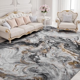 Ultra-Soft 9x12 Area Rugs Marble Abstract Machine Washable Non-Slip Low Pile Modern Stain Resistant Carpet for Living Room Bedroom Dining Room Office, Black and Grey