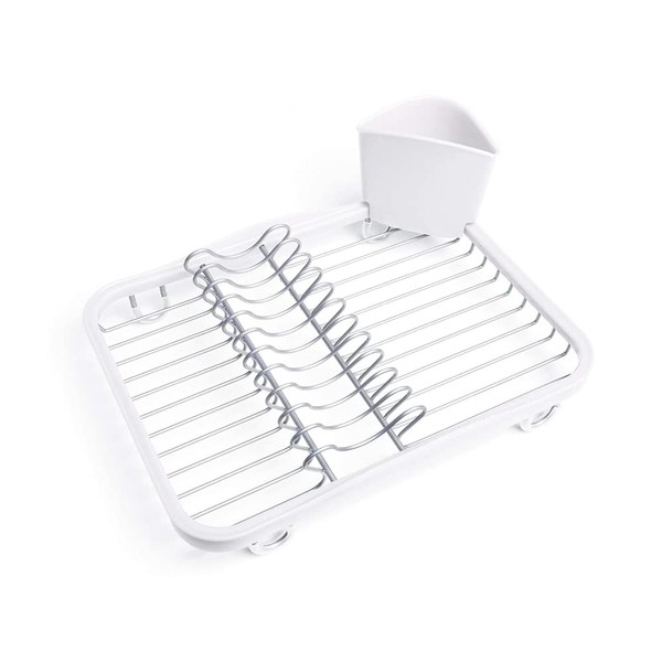 Umbra Sinkin Dish Drying Rack with Removeable Cutlery Holder for Sink or Countertop, Standard, White/Nickel