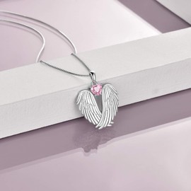 YFN Women Angel Wings Necklace Sterling Silver Guardian Angel October Birthstone Necklace Wings Pendant Jewelry for Women Gifts October-Pink
