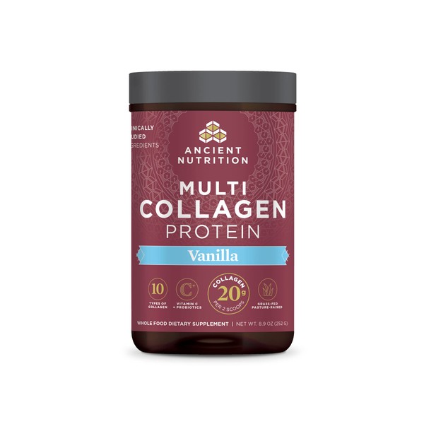 Collagen Powder Protein by Ancient Nutrition, Multi Collagen Vanilla Powder, 24 Serving, Collagen Peptides Support Skin, Nails, Gut Health, 8.9oz