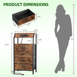 CAIYUN Nightstand with Charging Station, Nightstand with 4 Drawers, 4 Drawers Dresser for Bedroom, Tall & Small Dresser with 2-Tier Storage Shelf, Bedside Table End Table for Living Room, Rustic Brown