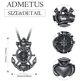 ADMETUS Black Anchor Compass Necklace Sterling Silver Black Anchor Necklace Navy Protection Jewellery Anchor Pendant Gifts for Men