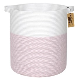 COMFY-HOMI XXL Large Laundry Basket with Handles Blanket Baskets Living Room|Woven Cotton Rope Decorative Basket Laundry Hamper Baby Basket Nursery Dog Toy Storage Organizer Bin-16”x18”-White/Pink