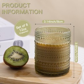 JOVGANK Green Vintage Hobnail Drinking Glasses Set of 6, Embossed Water Tumbler 12oz, Kitchen & Bar Beaded Glass Cups, Beverage Glass Cups for Water, Beer, Juice, Cocktail Glassware, Green