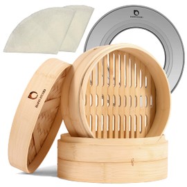 Bamboo Steamer Basket - 10 Inch 2-Tier Bamboo Dumpling Steamer for Cooking Dim Sum, Momo, Rice - Bao Bun - Natural Chinese Steam Baskets with Stainless Steel Ring Set