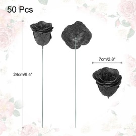 uxcell 50pcs Glitters Roses Artificial Flower, Fake Roses with 50pcs Stems Silk Real Touch Faux Roses for Wedding Party Office Shower Home Decoration, Black