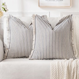 MIULEE Pack of 2 Navy Blue Throw Pillow Covers 20x20 Inch Striped Farmhouse Couch Cushion Covers with Fringe Linen Decorative Accent Pillowcase with Tassels for Sofa Living Room Bed Home Decor