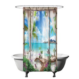 Ulticool Shower Curtain - Beach Sea Nature - 120 x 200 cm - Washable - Anti Mould - with 8 Rings - Blue White Green