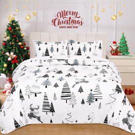 Likiyol 3 Piece Christmas Quilts Queen Size Black White Xmas Tree Reversible Bedding Set Elk Bedspread Coverlet with 2 Pillow Shams, Microfiber Comforter Set for Christmas Decor (90'' x 90'')