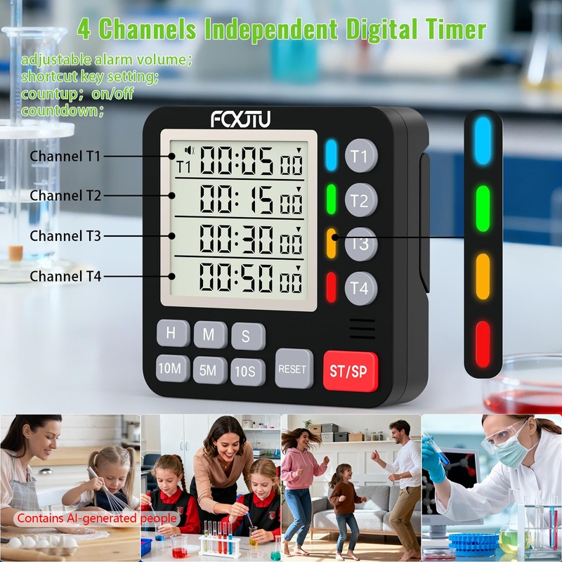 Digital Dual Kitchen Timer, 4-Channel Magnetic Countdown Timer for Cooking