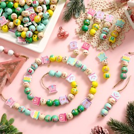 Cinnvoice 240Pcs Christmas Wood Beads with Twine Gingerbread Man Snowman Nutcracker Wooden Bead Garland Xmas DIY Crafts Round Beads for Winter Party Farmhouse Home(Sweet Nutcracker)