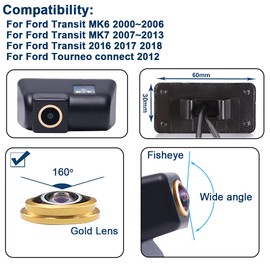 HD IP68 1280 Pixels License Plate Light Fisheye Lens Reversing Camera Colour Camera Parking Camera Night Vision Reversing System Parking Aid Compatible with F-o-r-d Transit MK6 / MK7 / Tourneo Connect