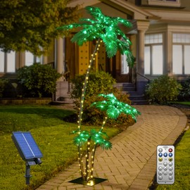 Solar Lighted Palm Tree 7FT 3FT 2FT Artificial Palm Tree Decor for Outdoor 218 LED Light up Fake Tree for Indoor Outside Patio Hawaiian Tiki Bar Decoration, Green