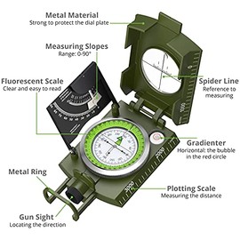 Proster Brújula IP65 para senderismo de supervivencia, brújula de observación lensatic para navegación de camping, brújula con clínómetro y bolsa de t