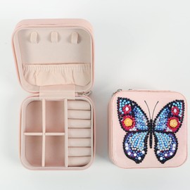 Diamond Painting Jewellery Box Travel Jewellery Box Women's Small PU Leather Diamond Painting Jewellery Storage Jewellery Case Small Jewellery Box Travel for Rings Earrings Necklace Pink Butterfly