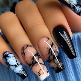 24 Pcs Blue&Black Press on Nails Long Square WLGDLH Marble Fake Nails Nude Coffin False Nails Press Ons With Black Cracks Designs Glossy Nail Tips Full Cover Acrylic Nail Kit for Women