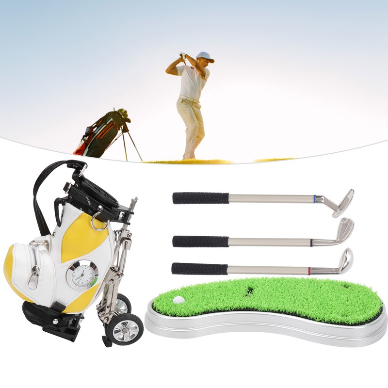 Mini Desktop Zinc Alloy Golf Bag Pen Holder with Lawn