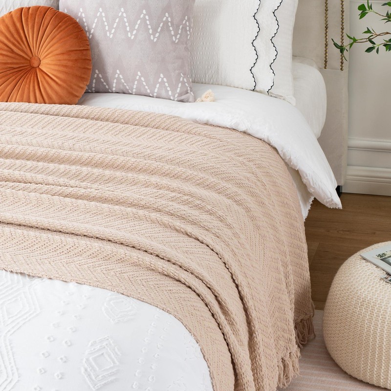 Battilo Beige Throw Blanket for Sofa Bed Couch Chair, Beige