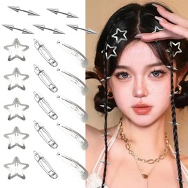 Goth Hair Clips for Women 20 Pcs Punk Spiked Metal Barrettes Star Safety Pin Shape Hair Accessories Y2K Style Silver Hairpins for Braids Buns Alternative Fashion Hairdressing Tool, 4 Styles
