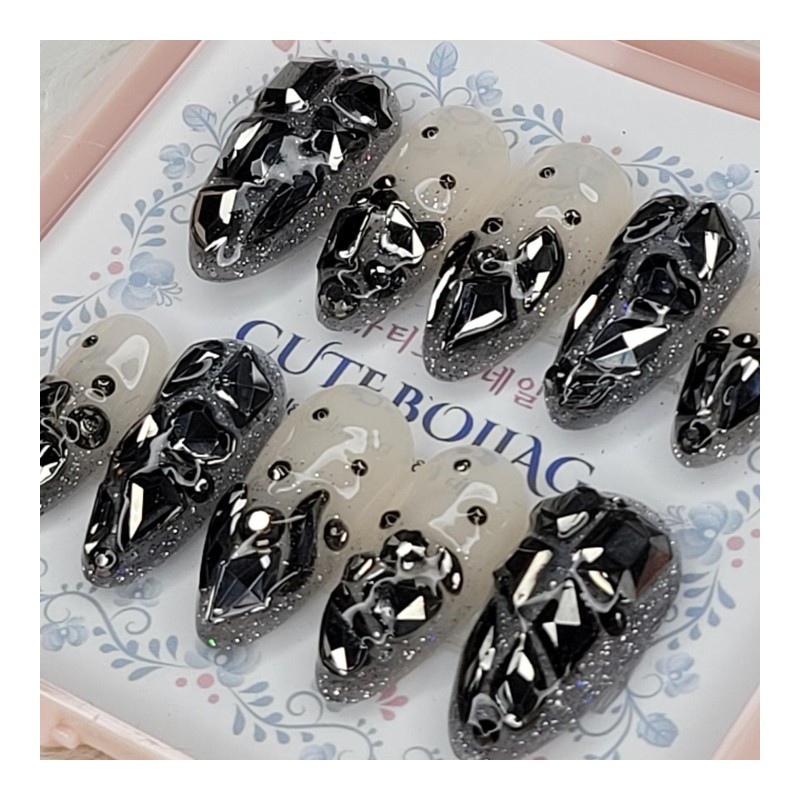 Black Full Stone Gra Handmade Nail Tip Pedi Tip -