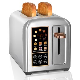 SEEDEEM Toaster 2 Slice, Stainless Toaster LCD Display&Touch Buttons, 50% Faster Heating Speed, 6 Bread Selection, 7 Shade Setting, 1.5''Wide Slot, Removable Crumb Tray, 1350W, Silver Metallic