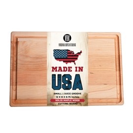 Made in USA Solid Maple Wood Cutting Board by Virginia Boys Kitchens - Butcher Block Wooden Carving Board with Juice Groove made from Sustainable North American Hardwood (8x12)