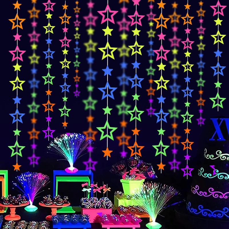 126feet UV Paper Neon Garland Hollowed Star Neon Streamers Black