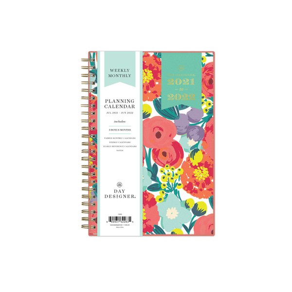 Blue Sky Day Designer for 2021-2022 Academic Year Weekly & Monthly Planner, 5' x 8', Frosted Flexible Cover, Wirebound, Floral Sketch (132263)