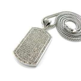 Shiny Jewelers USA Mens Iced Out Hip Hop Large Gold Silver Cz Dog Tag Pendant 4mm 36" Franco Chain Necklace (Silver)