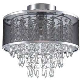 JoonRale Crystal Chandelier for Bedroom Crytal Semi Flush Mount Ceiling Light Fixture with Cloth Shade Crystal Chandeliers for Dining Living Room Closet (Black Cover+Crystal)