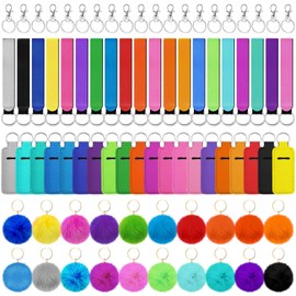 Tudomro Christmas Lip Balm Holder Keychain Set Include Lipstick Holder Colorful Wristlet Keychain Bulk Fluffy Pom Ball Accessory and Metal Keychains for Women Nurse Gift Purse(Bright Color,20 Sets)
