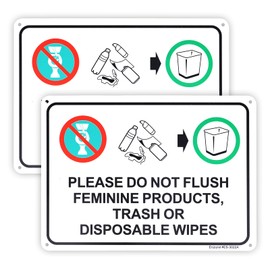 2-Pack Please Do Not Flush Feminine Products, Trash Or Disposable Wipes Sign，10"x 7" Plastic Sign