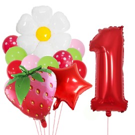 Strawberry Balloons Number 1 Balloons Polka-dot Latex Balloons for Girl Fruit 1st Birthday Party Decoration Supplie,Berry 1st Party Decor,White Daisy Latex Mylar Red Number 1 Balloons Decor for Girls