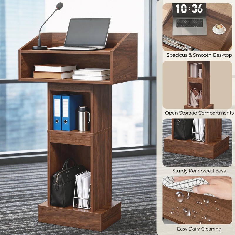 MAHANCRIS Podium Stand, Lectern with 4-Tier Storage, Pulpit with Reinforced