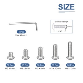 DTGN 250Pack M3(D) Button Head Socket Cap Screws Kit - 4/6/8/10/12mm(L) 304 Stainless Steel Full Thread Hex Socket Cap Screw Assortment with S2 Wrench - Good for Machine