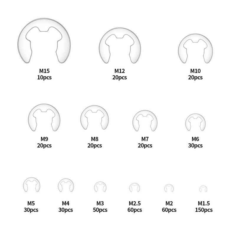 520 Pcs E-Clips Assortment Set, Circlips Assorted Sizes, E-Clip External
